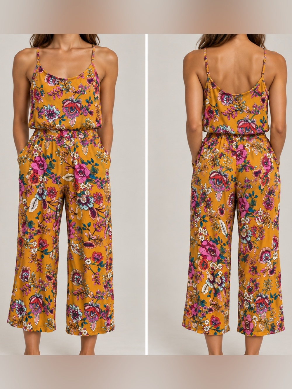 a.n.a Mustard Floral funky retro print Spaghetti Strap Jumpsuit with Pink Accen
